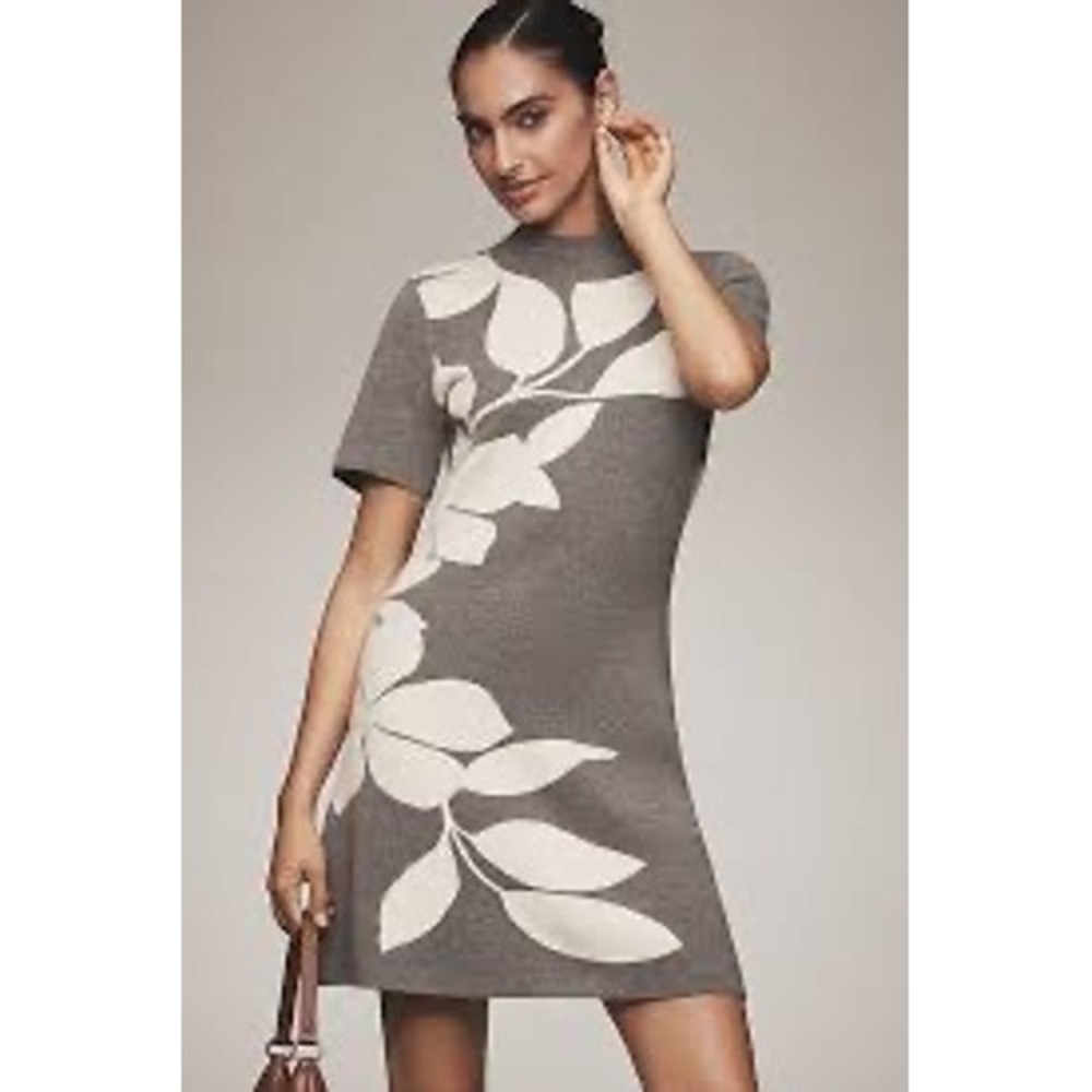 Anthropologie Grey Mock-Neck Short-Sleeve Mini Shift Dress Size M
